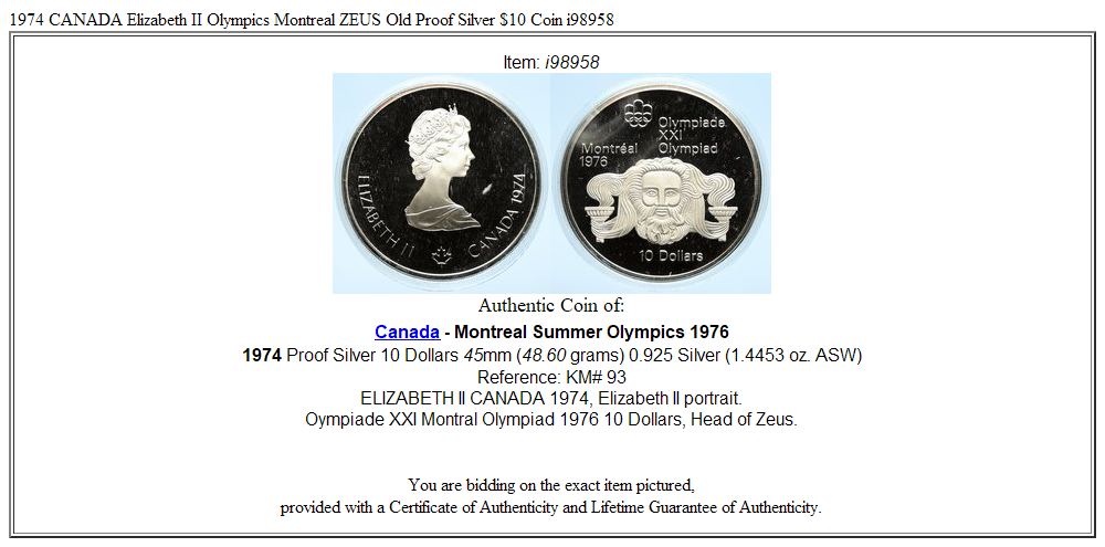 1974 CANADA Elizabeth II Olympics Montreal ZEUS Old Proof Silver $10 Coin i98958