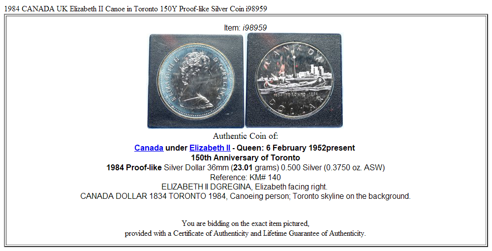 1984 CANADA UK Elizabeth II Canoe in Toronto 150Y Proof-like Silver Coin i98959