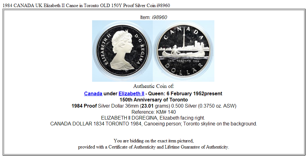 1984 CANADA UK Elizabeth II Canoe in Toronto OLD 150Y Proof Silver Coin i98960