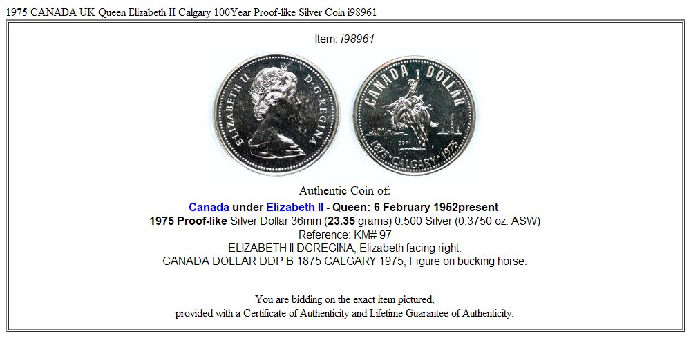 1975 CANADA UK Queen Elizabeth II Calgary 100Year Proof-like Silver Coin i98961