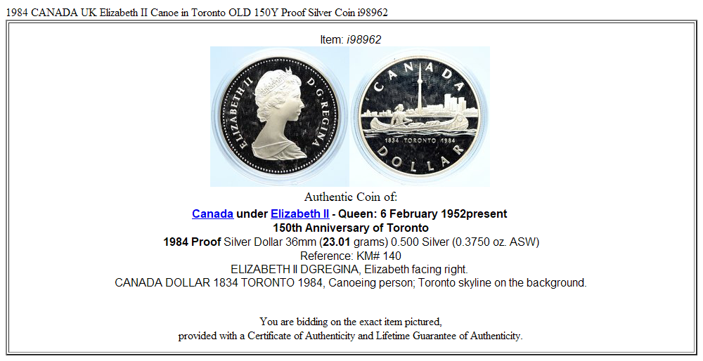 1984 CANADA UK Elizabeth II Canoe in Toronto OLD 150Y Proof Silver Coin i98962