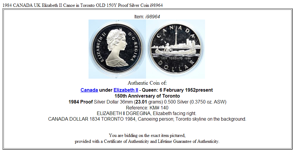 1984 CANADA UK Elizabeth II Canoe in Toronto OLD 150Y Proof Silver Coin i98964