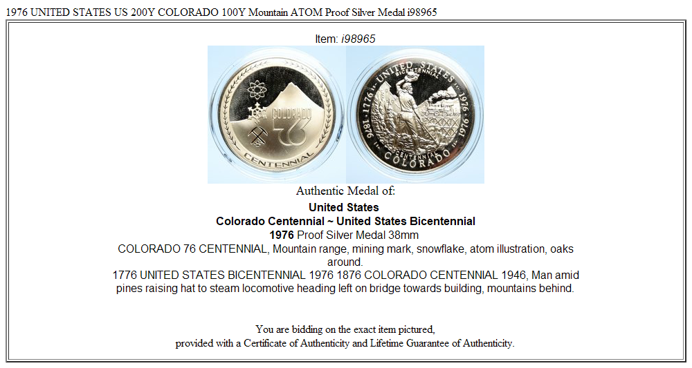 1976 UNITED STATES US 200Y COLORADO 100Y Mountain ATOM Proof Silver Medal i98965