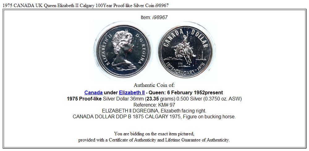 1975 CANADA UK Queen Elizabeth II Calgary 100Year Proof-like Silver Coin i98967