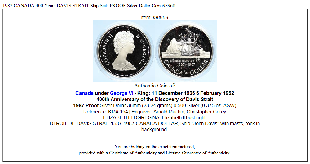 1987 CANADA 400 Years DAVIS STRAIT Ship Sails PROOF Silver Dollar Coin i98968