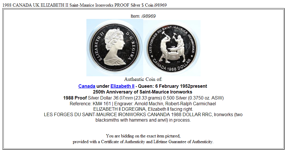 1988 CANADA UK ELIZABETH II Saint-Maurice Ironworks PROOF Silver $ Coin i98969