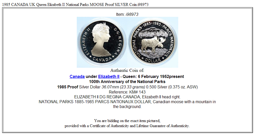 1985 CANADA UK Queen Elizabeth II National Parks MOOSE Proof SILVER Coin i98973