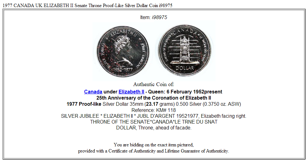 1977 CANADA UK ELIZABETH II Senate Throne Proof-Like Silver Dollar Coin i98975