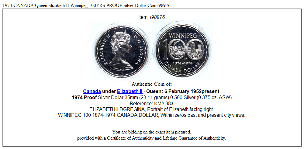 1974 CANADA Queen Elizabeth II Winnipeg 100YRS PROOF Silver Dollar Coin i98976