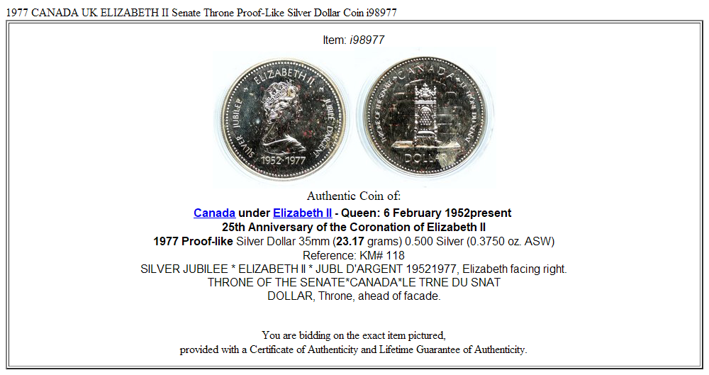 1977 CANADA UK ELIZABETH II Senate Throne Proof-Like Silver Dollar Coin i98977