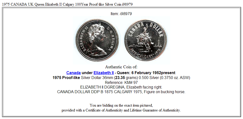 1975 CANADA UK Queen Elizabeth II Calgary 100Year Proof-like Silver Coin i98979