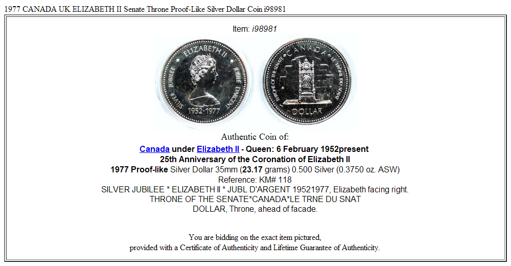 1977 CANADA UK ELIZABETH II Senate Throne Proof-Like Silver Dollar Coin i98981