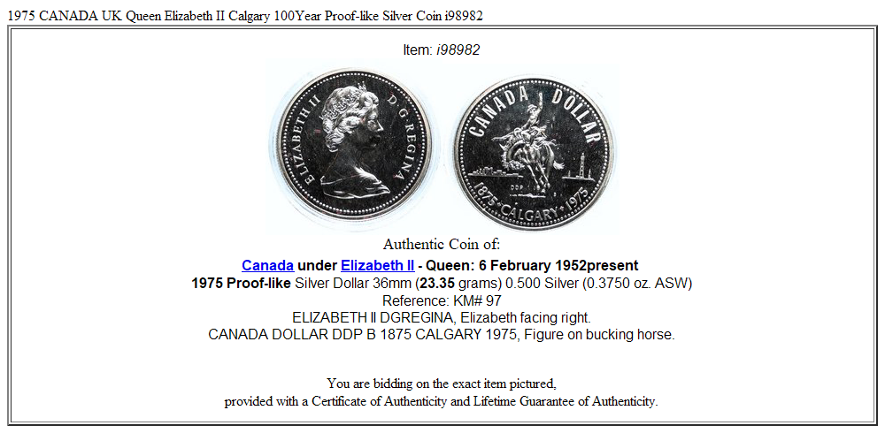 1975 CANADA UK Queen Elizabeth II Calgary 100Year Proof-like Silver Coin i98982