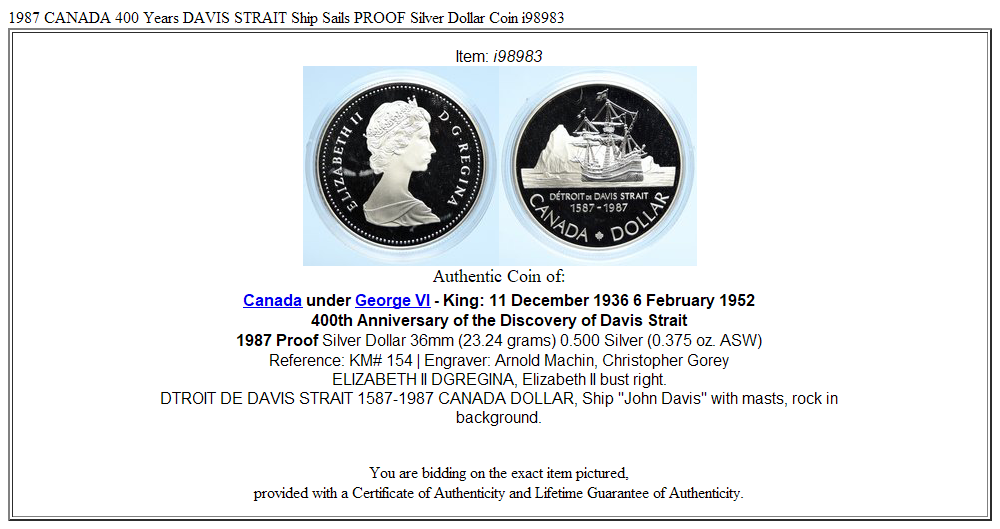 1987 CANADA 400 Years DAVIS STRAIT Ship Sails PROOF Silver Dollar Coin i98983