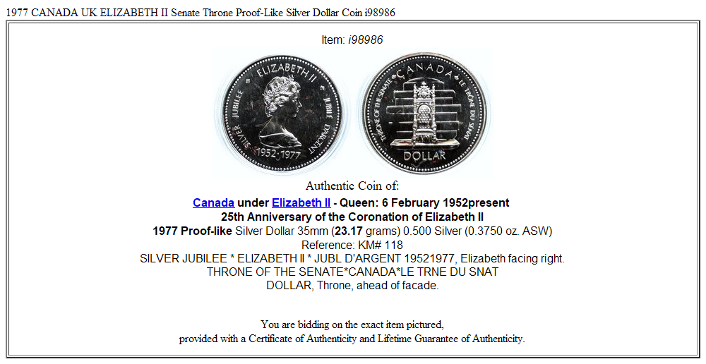 1977 CANADA UK ELIZABETH II Senate Throne Proof-Like Silver Dollar Coin i98986