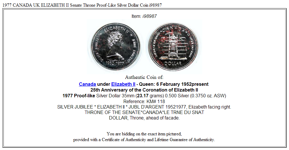 1977 CANADA UK ELIZABETH II Senate Throne Proof-Like Silver Dollar Coin i98987