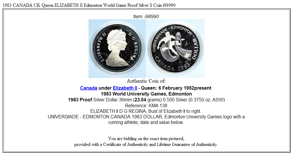 1983 CANADA UK Queen ELIZABETH II Edmonton World Game Proof Silver $ Coin i98990