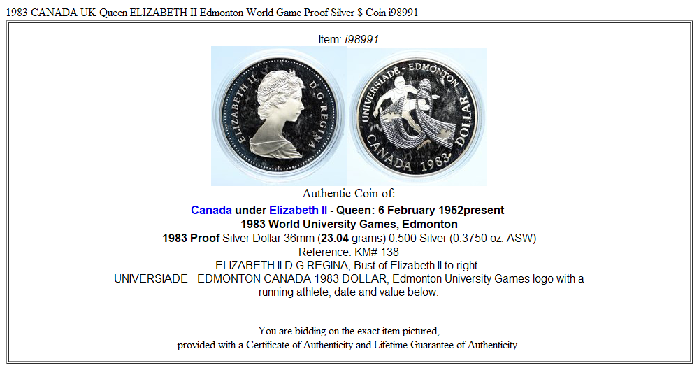 1983 CANADA UK Queen ELIZABETH II Edmonton World Game Proof Silver $ Coin i98991