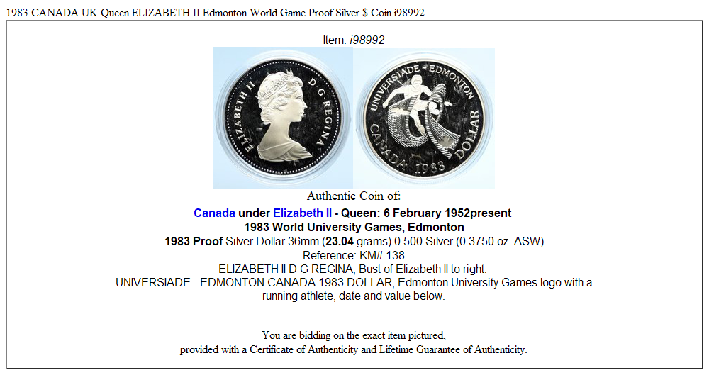 1983 CANADA UK Queen ELIZABETH II Edmonton World Game Proof Silver $ Coin i98992