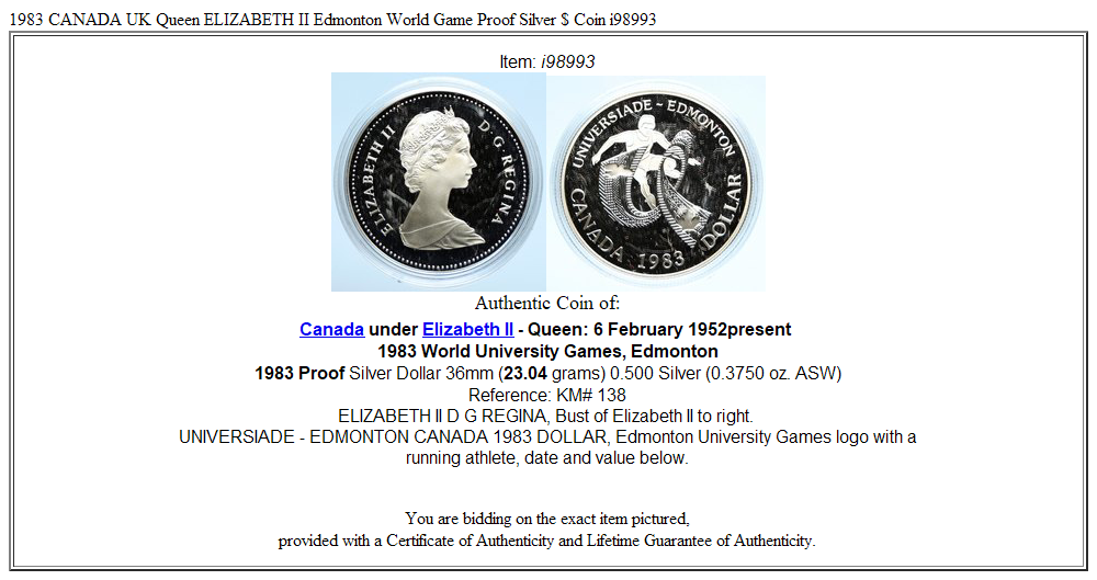 1983 CANADA UK Queen ELIZABETH II Edmonton World Game Proof Silver $ Coin i98993