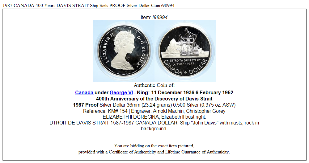 1987 CANADA 400 Years DAVIS STRAIT Ship Sails PROOF Silver Dollar Coin i98994