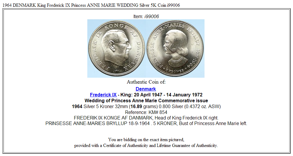 1964 DENMARK King Frederick IX Princess ANNE MARIE WEDDING Silver 5K Coin i99006