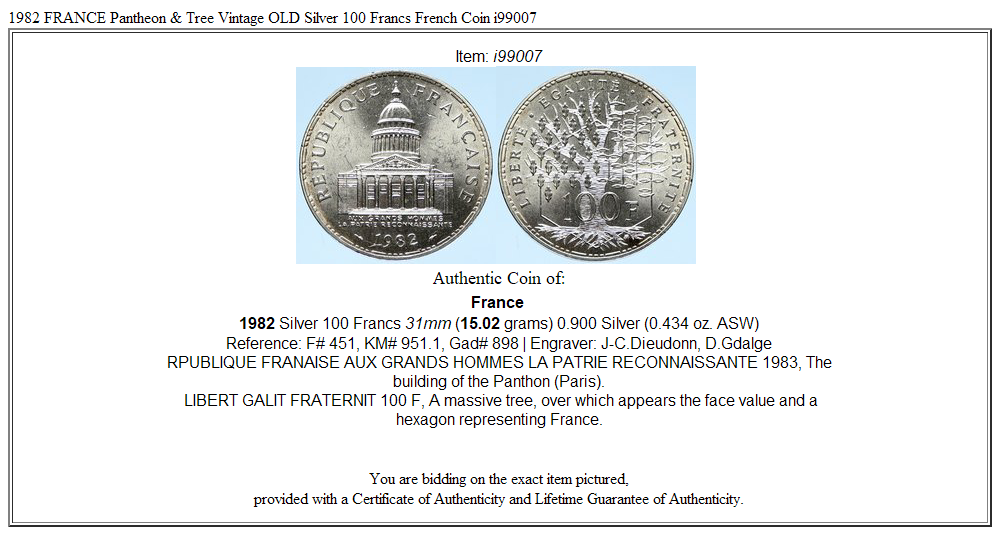 1982 FRANCE Pantheon & Tree Vintage OLD Silver 100 Francs French Coin i99007