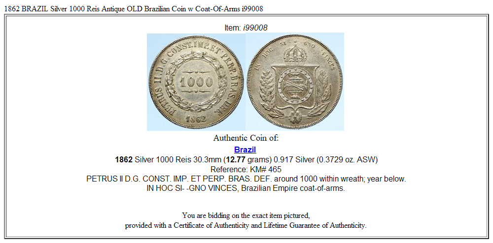 1862 BRAZIL Silver 1000 Reis Antique OLD Brazilian Coin w Coat-Of-Arms i99008