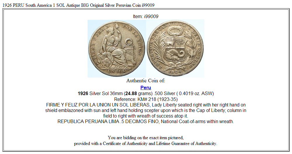 1926 PERU South America 1 SOL Antique BIG Original Silver Peruvian Coin i99009