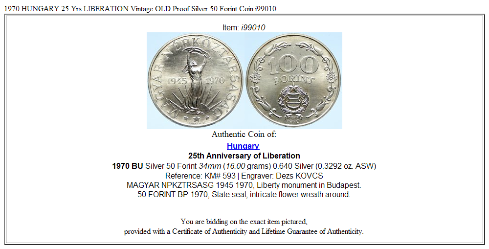 1970 HUNGARY 25 Yrs LIBERATION Vintage OLD Proof Silver 50 Forint Coin i99010