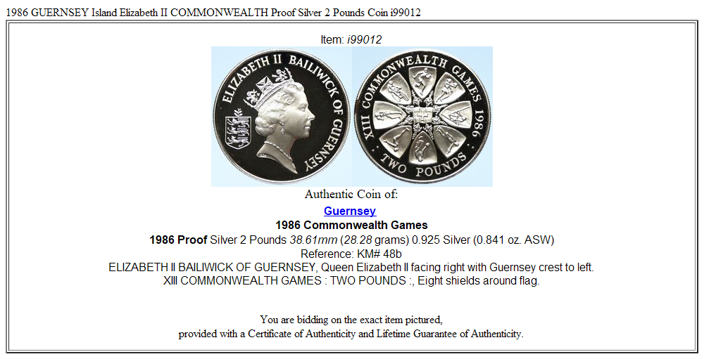 1986 GUERNSEY Island Elizabeth II COMMONWEALTH Proof Silver 2 Pounds Coin i99012