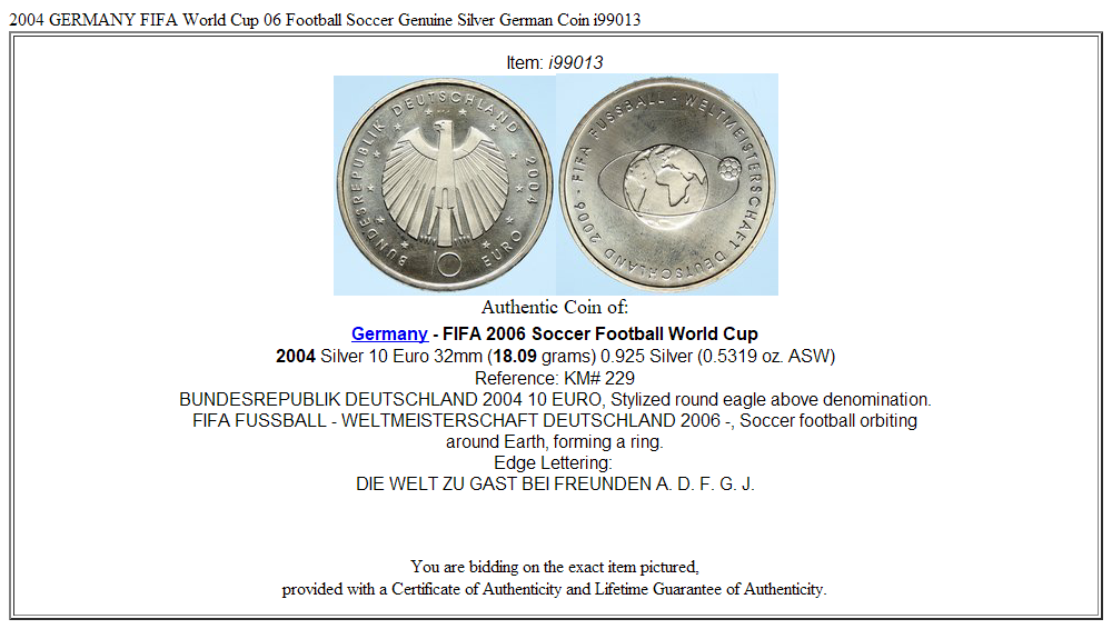 2004 GERMANY FIFA World Cup 06 Football Soccer Genuine Silver German Coin i99013