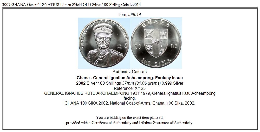 2002 GHANA General IGNATIUS Lion in Shield OLD Silver 100 Shilling Coin i99014