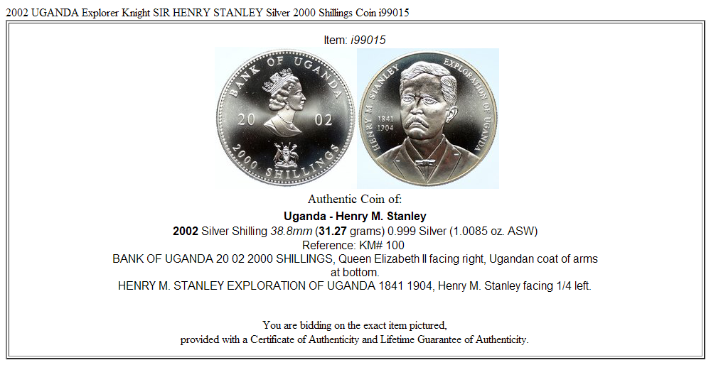 2002 UGANDA Explorer Knight SIR HENRY STANLEY Silver 2000 Shillings Coin i99015