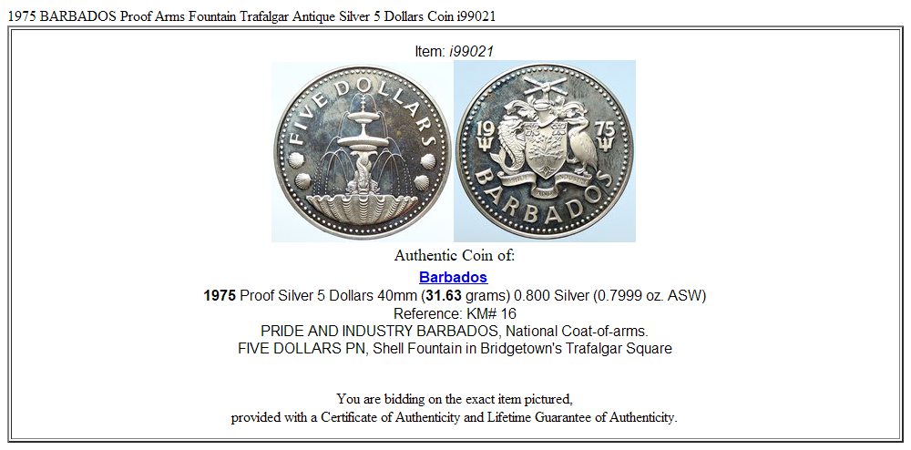 1975 BARBADOS Proof Arms Fountain Trafalgar Antique Silver 5 Dollars Coin i99021