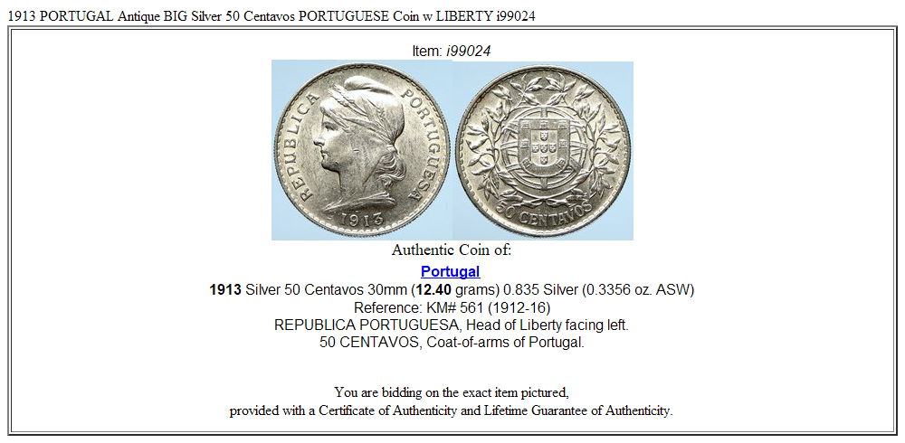 1913 PORTUGAL Antique BIG Silver 50 Centavos PORTUGUESE Coin w LIBERTY i99024