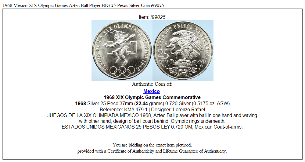 1968 Mexico XIX Olympic Games Aztec Ball Player BIG 25 Pesos Silver Coin i99025