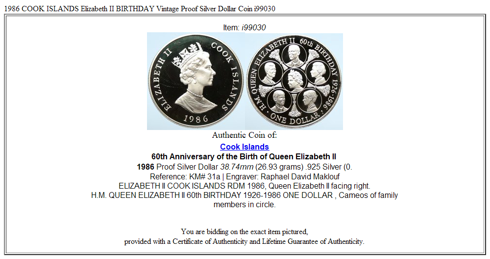 1986 COOK ISLANDS Elizabeth II BIRTHDAY Vintage Proof Silver Dollar Coin i99030