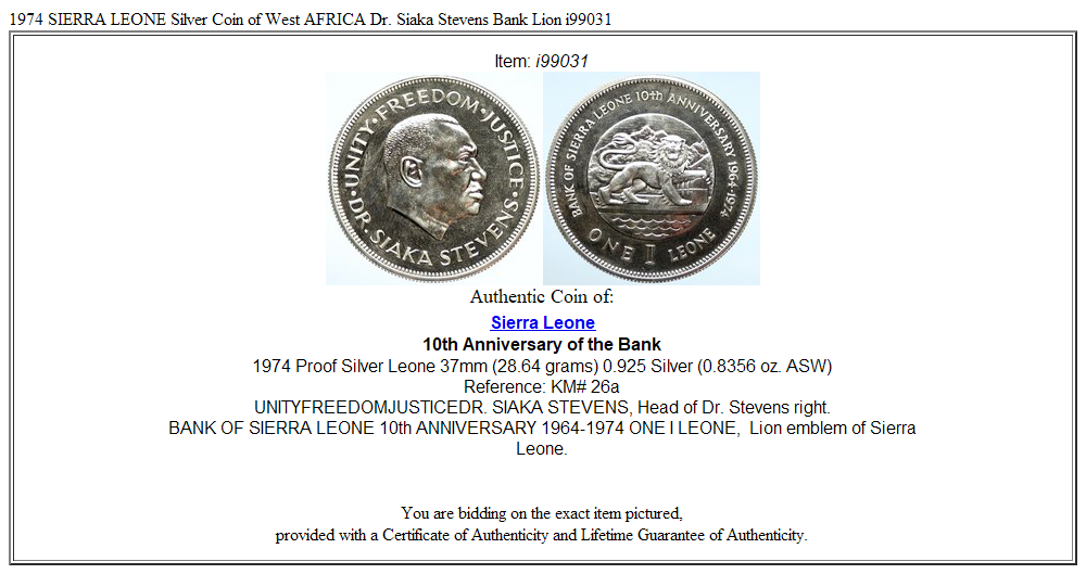 1974 SIERRA LEONE Silver Coin of West AFRICA Dr. Siaka Stevens Bank Lion i99031