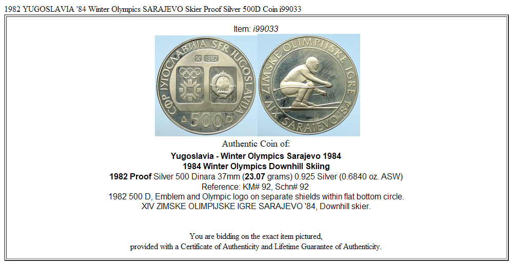 1982 YUGOSLAVIA '84 Winter Olympics SARAJEVO Skier Proof Silver 500D Coin i99033