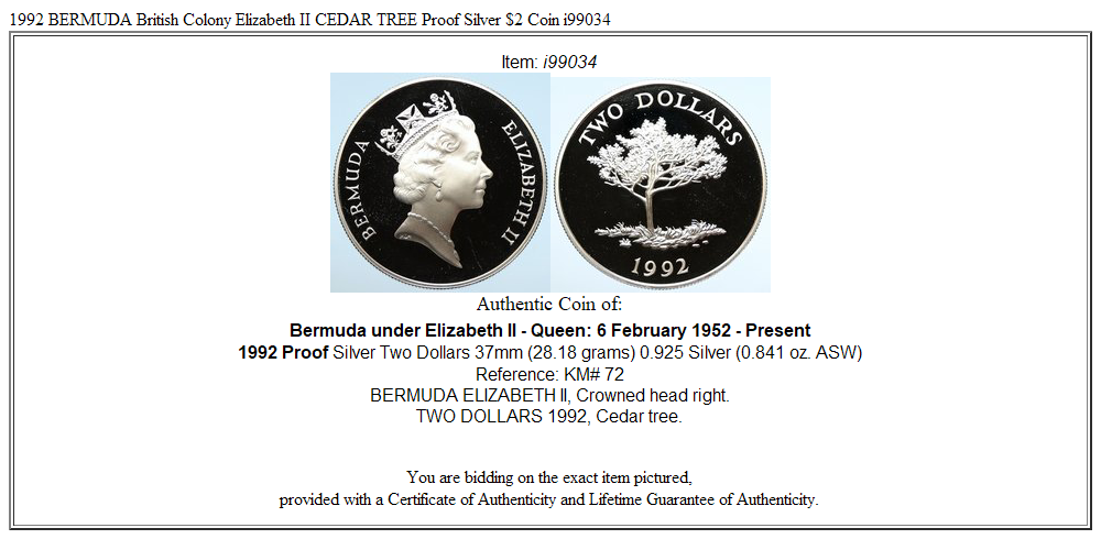 1992 BERMUDA British Colony Elizabeth II CEDAR TREE Proof Silver $2 Coin i99034
