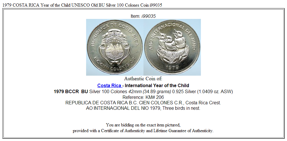 1979 COSTA RICA Year of the Child UNESCO Old BU Silver 100 Colones Coin i99035