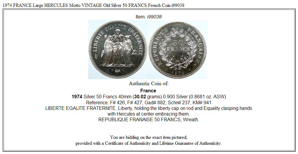 1974 FRANCE Large HERCULES Motto VINTAGE Old Silver 50 FRANCS French Coin i99038