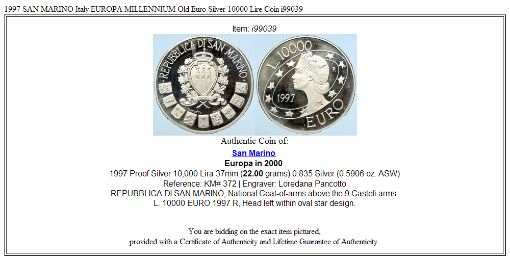 1997 SAN MARINO Italy EUROPA MILLENNIUM Old Euro Silver 10000 Lire Coin i99039