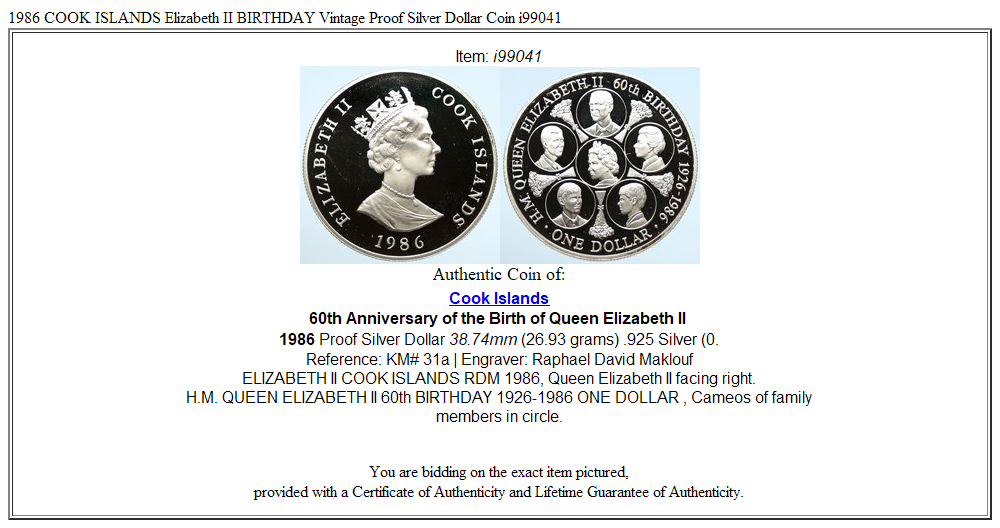 1986 COOK ISLANDS Elizabeth II BIRTHDAY Vintage Proof Silver Dollar Coin i99041