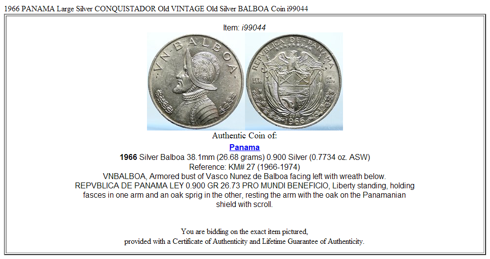 1966 PANAMA Large Silver CONQUISTADOR Old VINTAGE Old Silver BALBOA Coin i99044