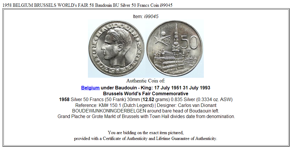 1958 BELGIUM BRUSSELS WORLD's FAIR 58 Baudouin BU Silver 50 Francs Coin i99045