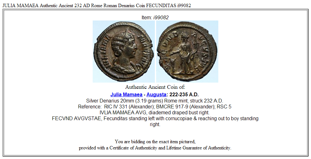 JULIA MAMAEA Authentic Ancient 232 AD Rome Roman Denarius Coin FECUNDITAS i99082