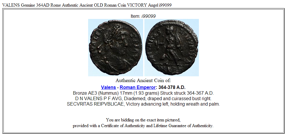 VALENS Genuine 364AD Rome Authentic Ancient OLD Roman Coin VICTORY Angel i99099