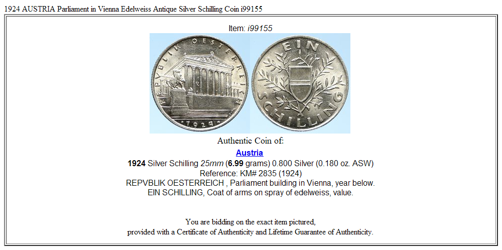 1924 AUSTRIA Parliament in Vienna Edelweiss Antique Silver Schilling Coin i99155